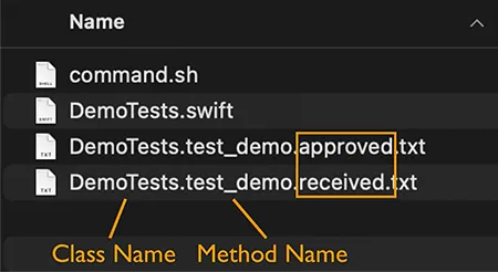 Finder showing DemoTests.swift, DemoTests.test_demo.approved.txt, and DemoTests.test_demo.received.txt